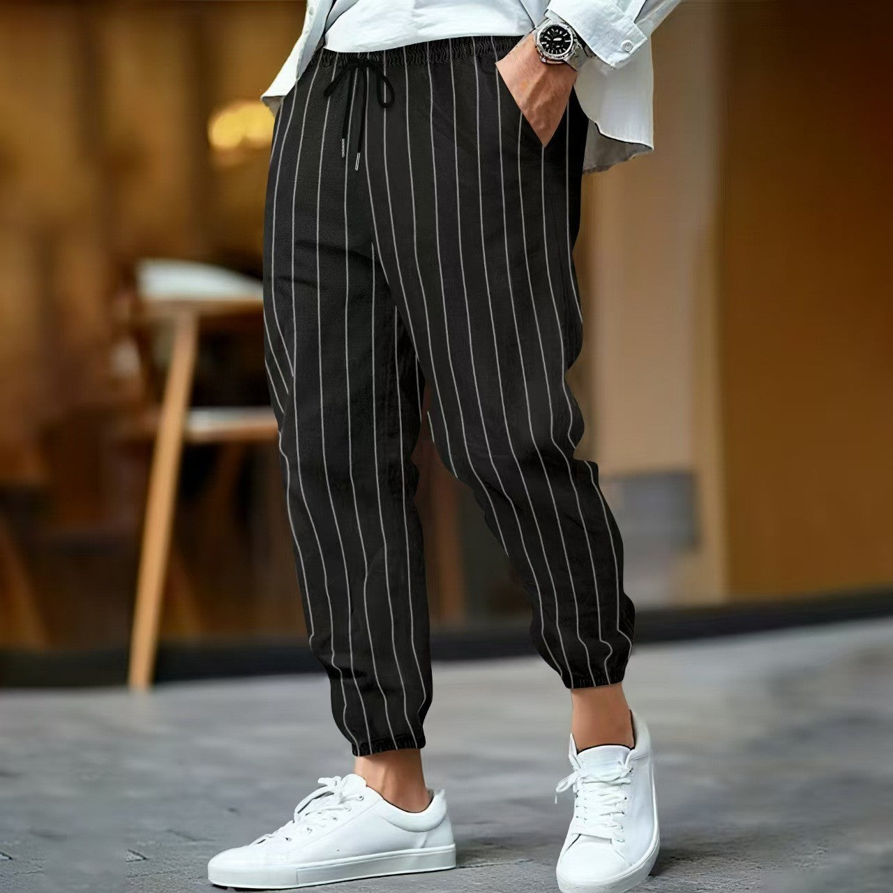 Men’s Ankle Length Trousers with Vertical Stripe Pattern