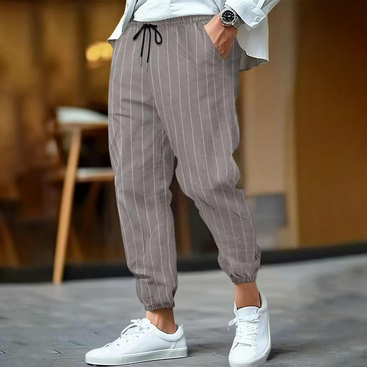 Men’s Ankle Length Trousers with Vertical Stripe Pattern