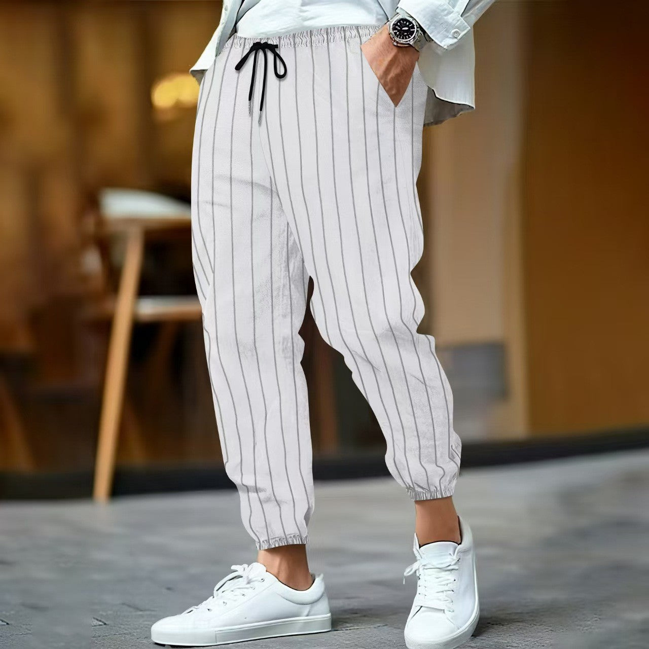 Men’s Ankle Length Trousers with Vertical Stripe Pattern