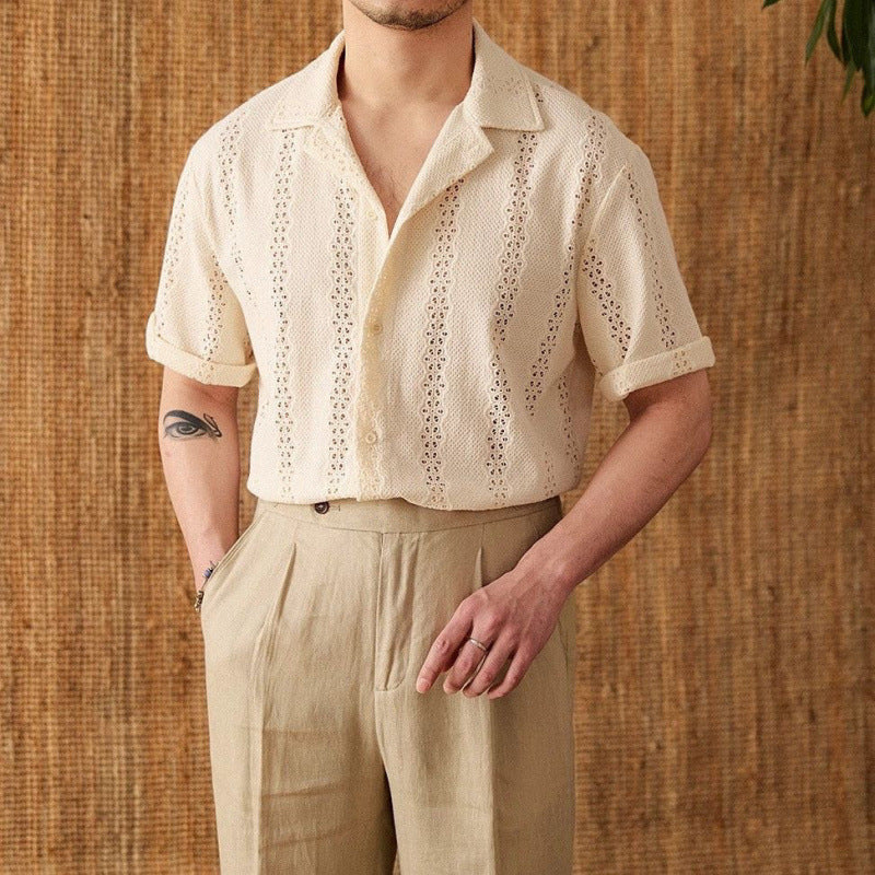 Men’s Eyelet Striped Short-Sleeved Shirt