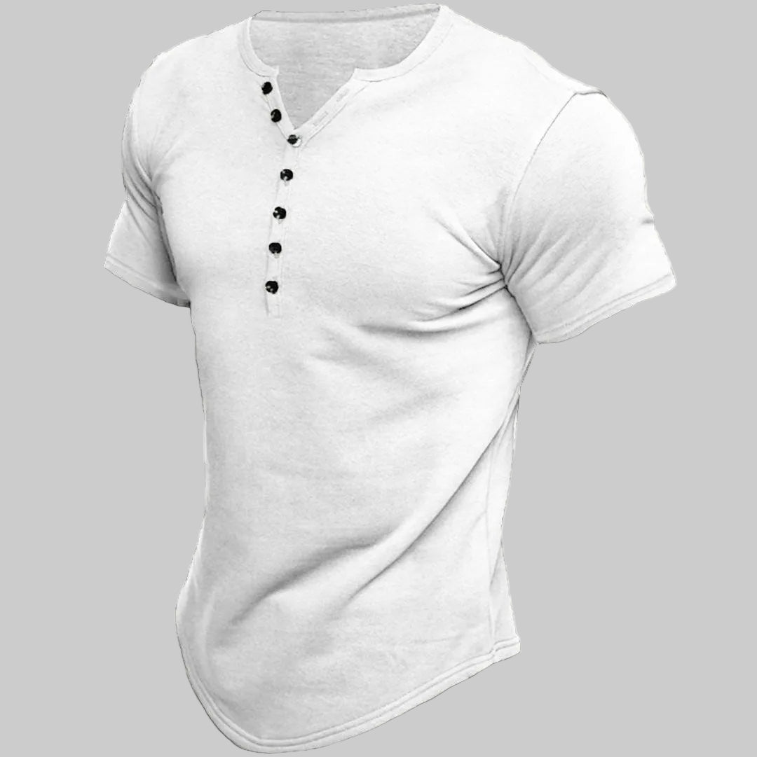 Men’s Short Sleeve T-Shirt with Round Neck and Button Placket