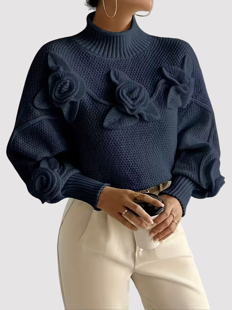 Women’s High Neck Sweater with Flowers
