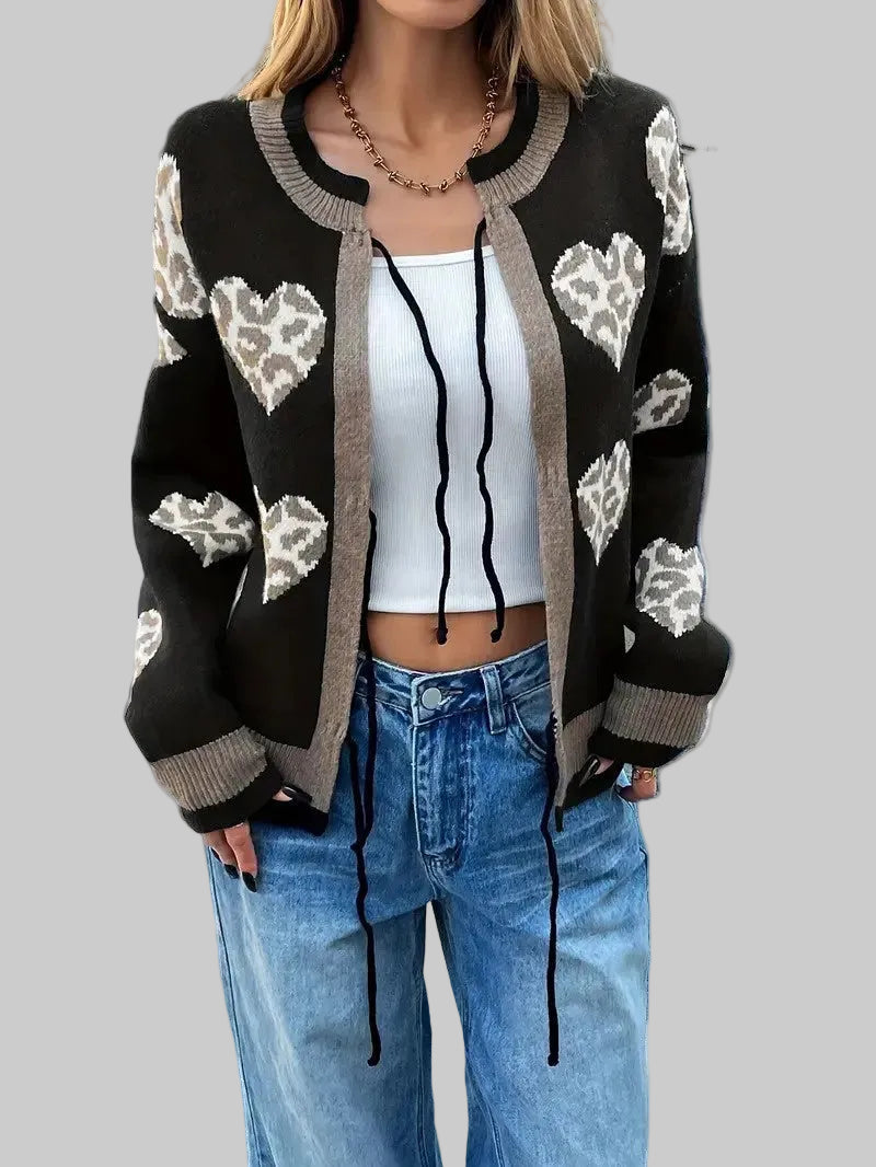 Women’s Cardigan with Heart Pattern and Tie Front