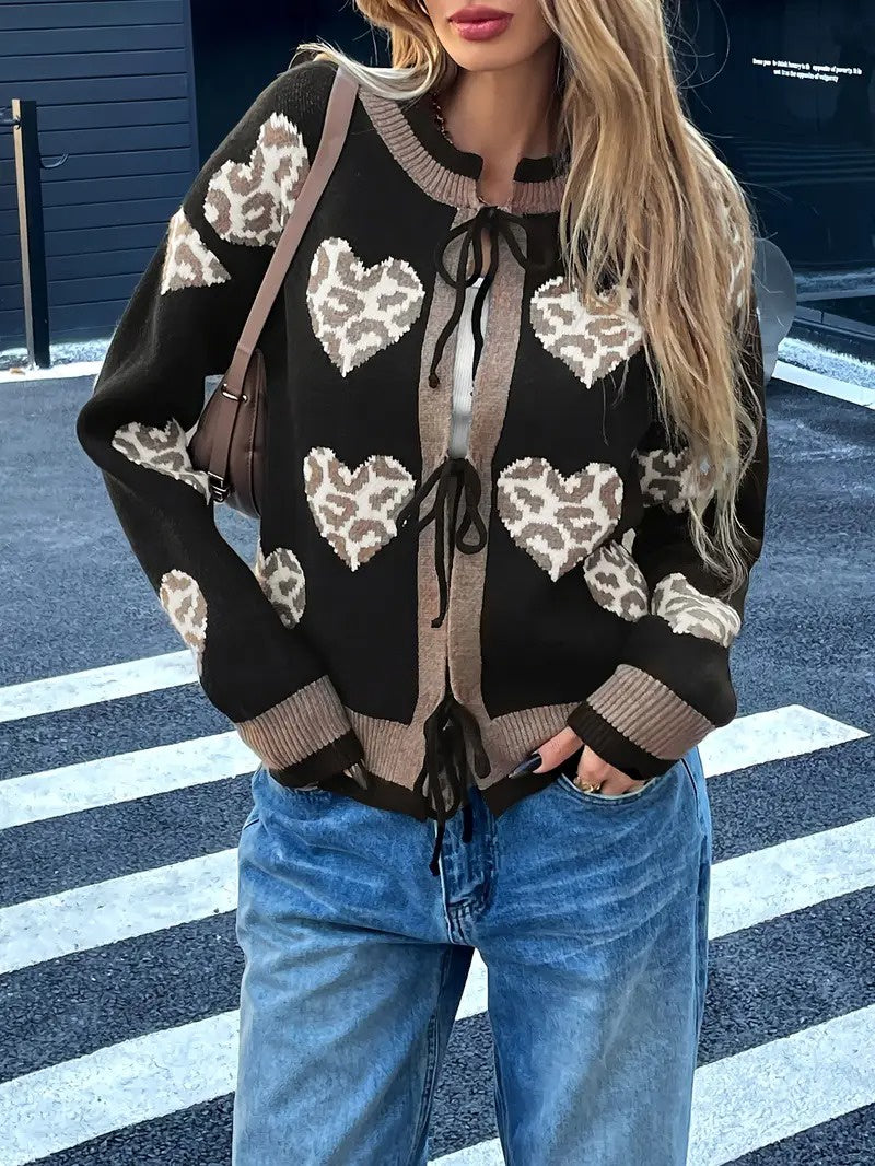 Women’s Cardigan with Heart Pattern and Tie Front