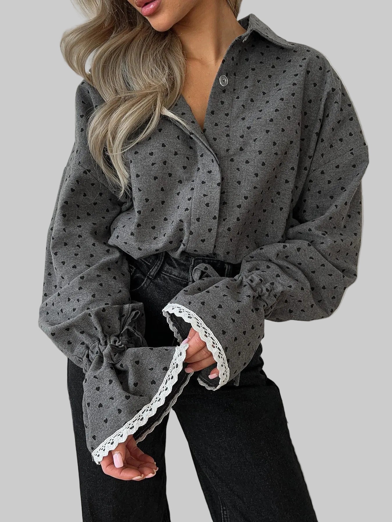 Women’s Heart Print Blouse with Lace Cuffs