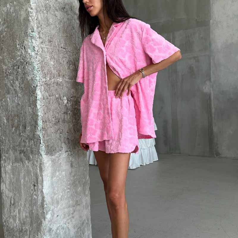 Women’s Hibiscus-Patterned Textured Shirt and Shorts Set