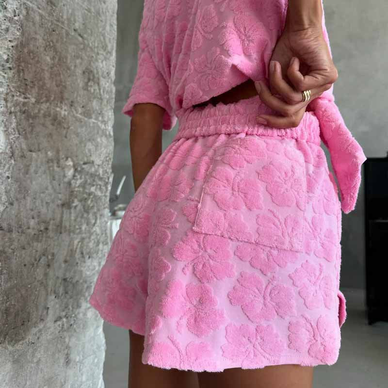 Women’s Hibiscus-Patterned Textured Shirt and Shorts Set