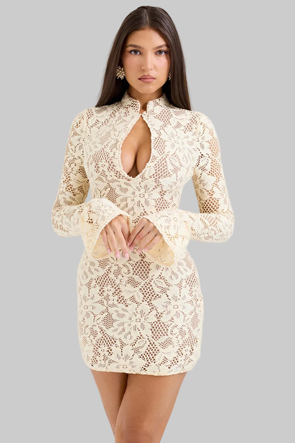 Women's Lace Mini Dress with Keyhole Neckline