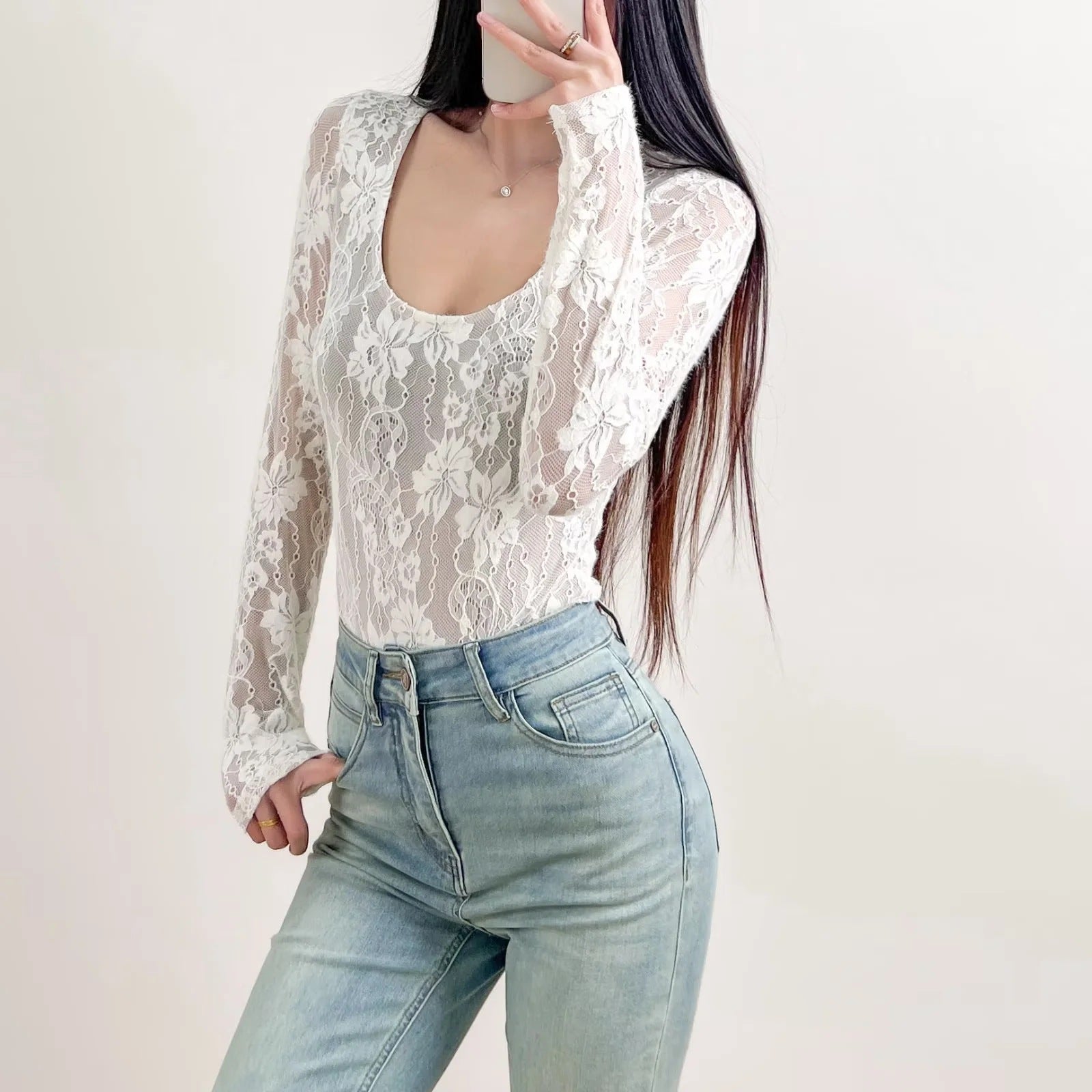Women’s Long Sleeve Bodysuit with Lace Pattern and Scoop Neckline
