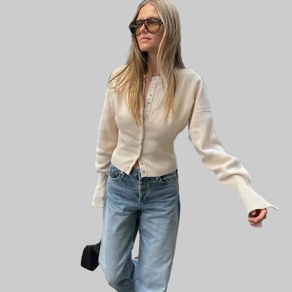 Women’s Long Sleeve Cardigan with Button Front and Ribbed Panels