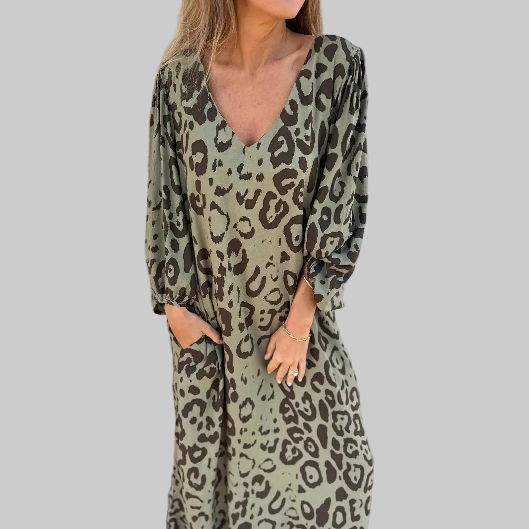 Women’s Long Sleeve Maxi Dress with Leopard Print