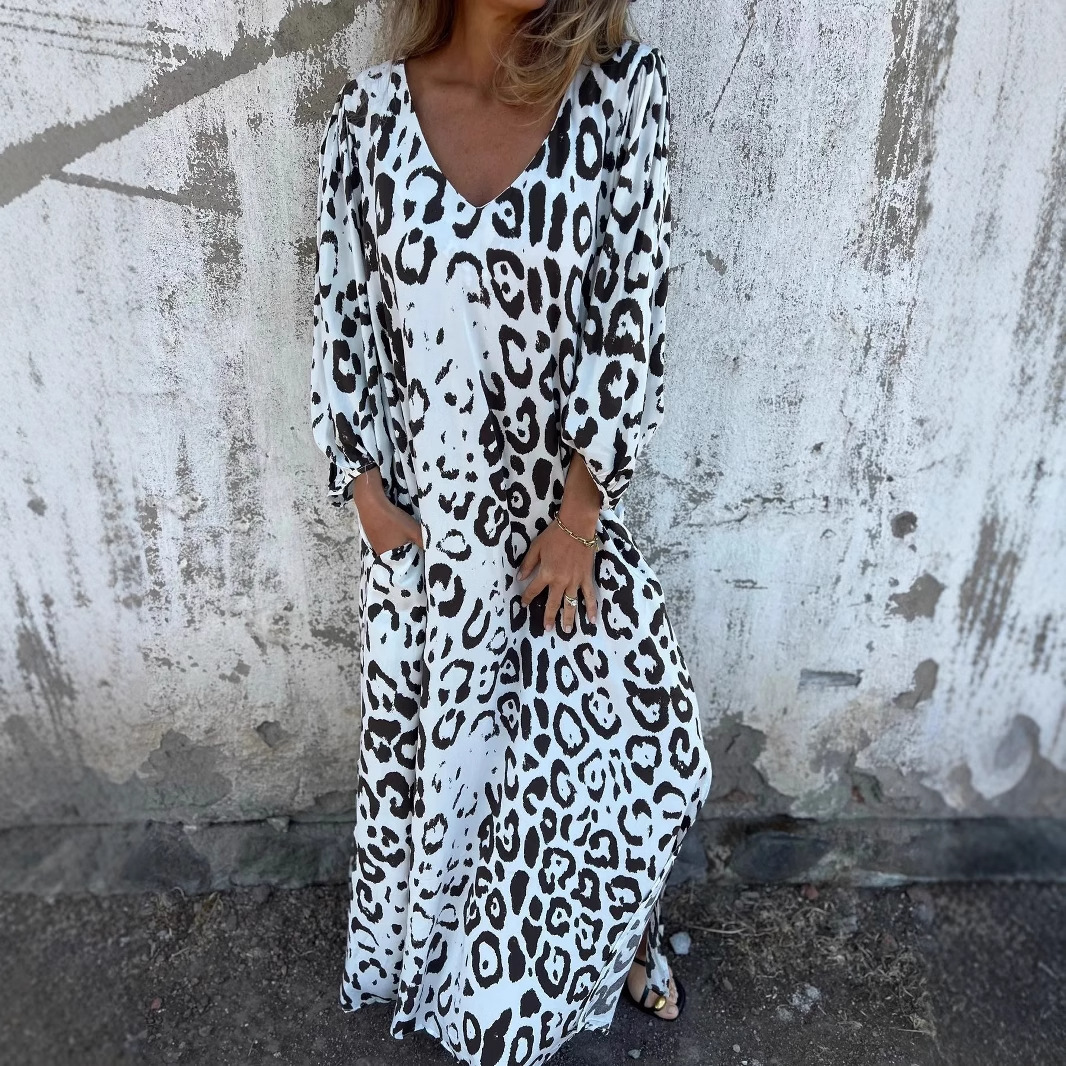 Women’s Long Sleeve Maxi Dress with Leopard Print