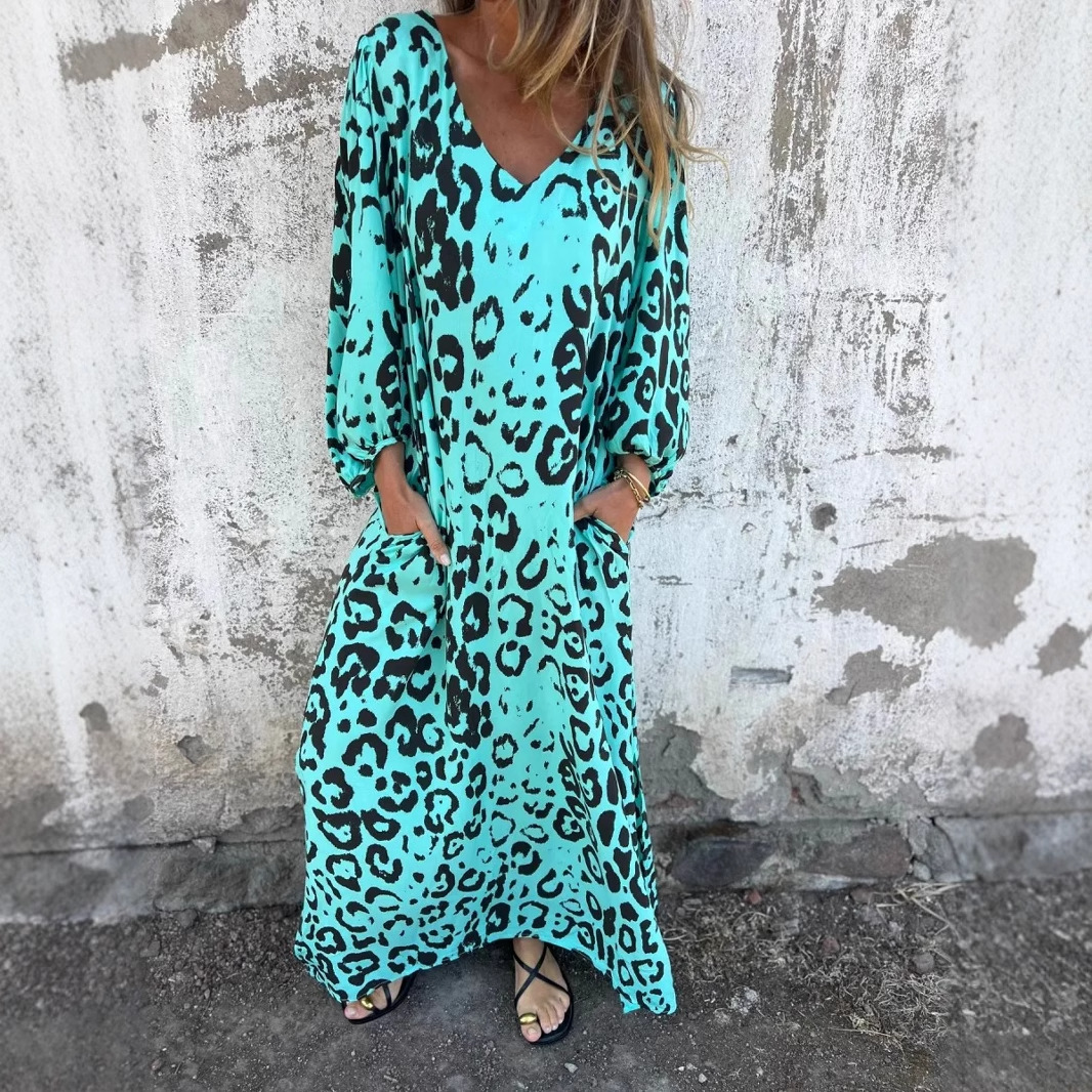 Women’s Long Sleeve Maxi Dress with Leopard Print