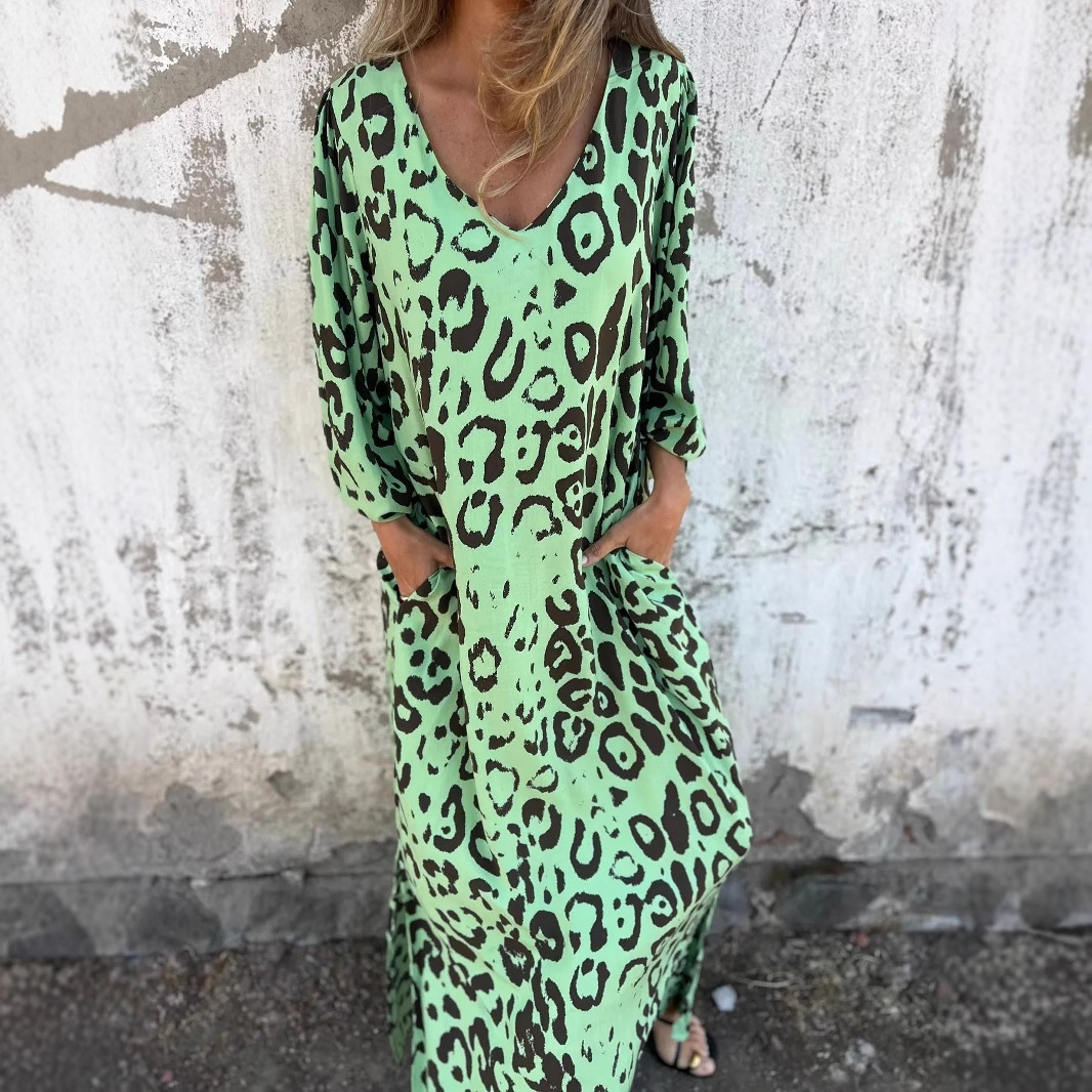 Women’s Long Sleeve Maxi Dress with Leopard Print
