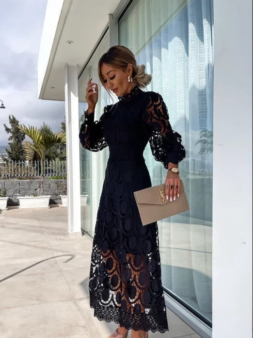 Women’s Long Sleeve Midi Dress with Lace Pattern