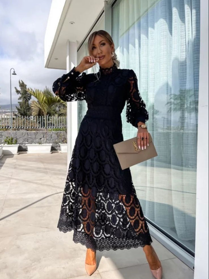 Women’s Long Sleeve Midi Dress with Lace Pattern