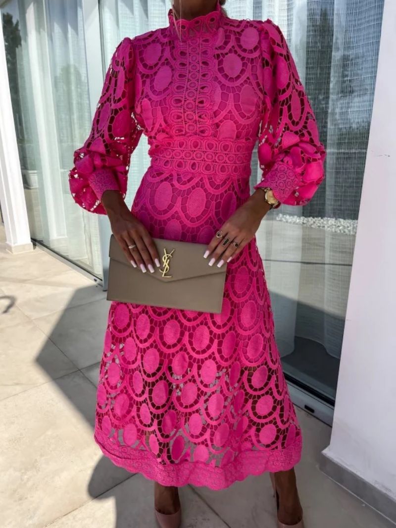 Women’s Long Sleeve Midi Dress with Lace Pattern