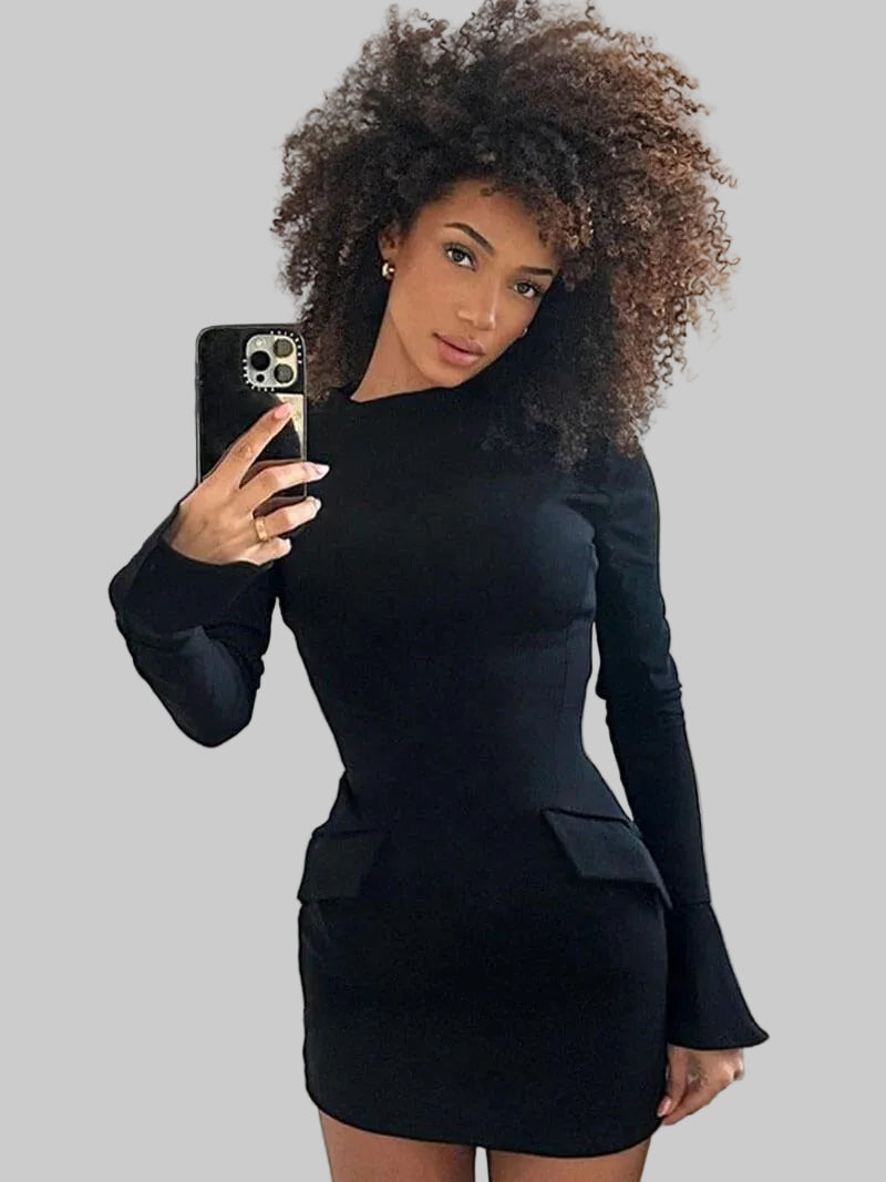 Women’s Long Sleeve Mini Dress with High Neckline and Flap Pocket