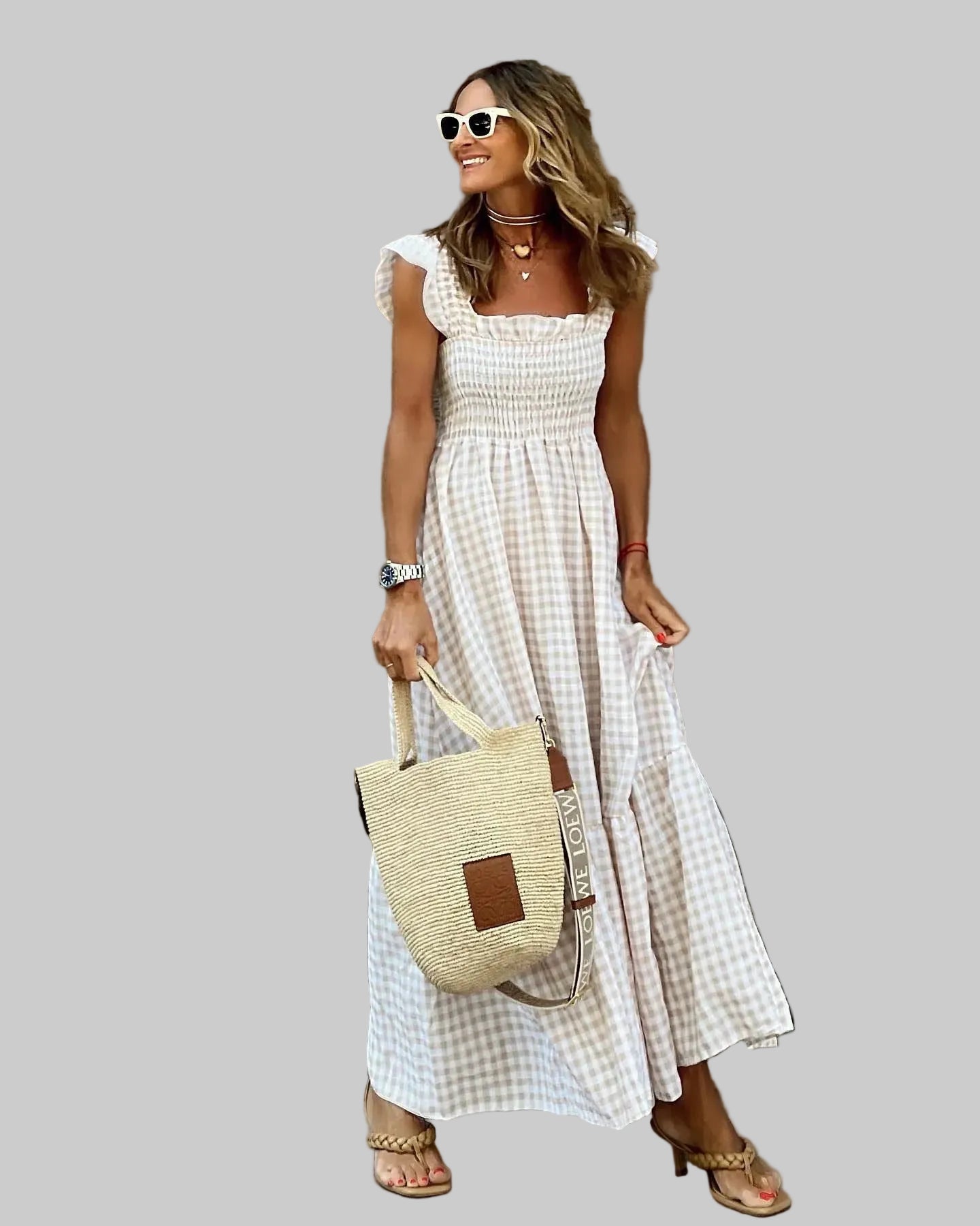 Women's Maxi Dress with Gingham Plaid Smocked Bodice