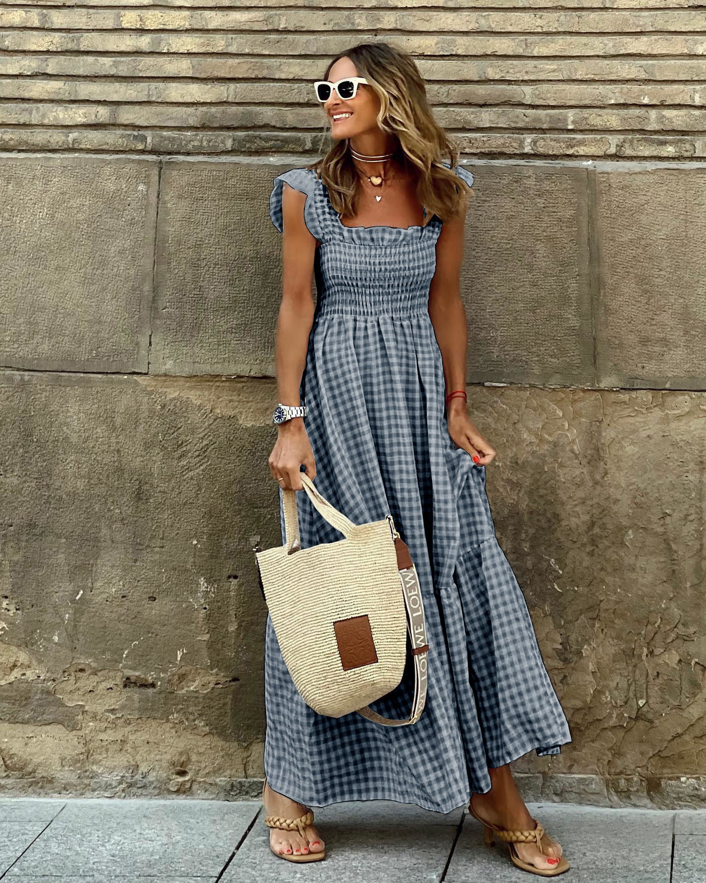 Women's Maxi Dress with Gingham Plaid Smocked Bodice