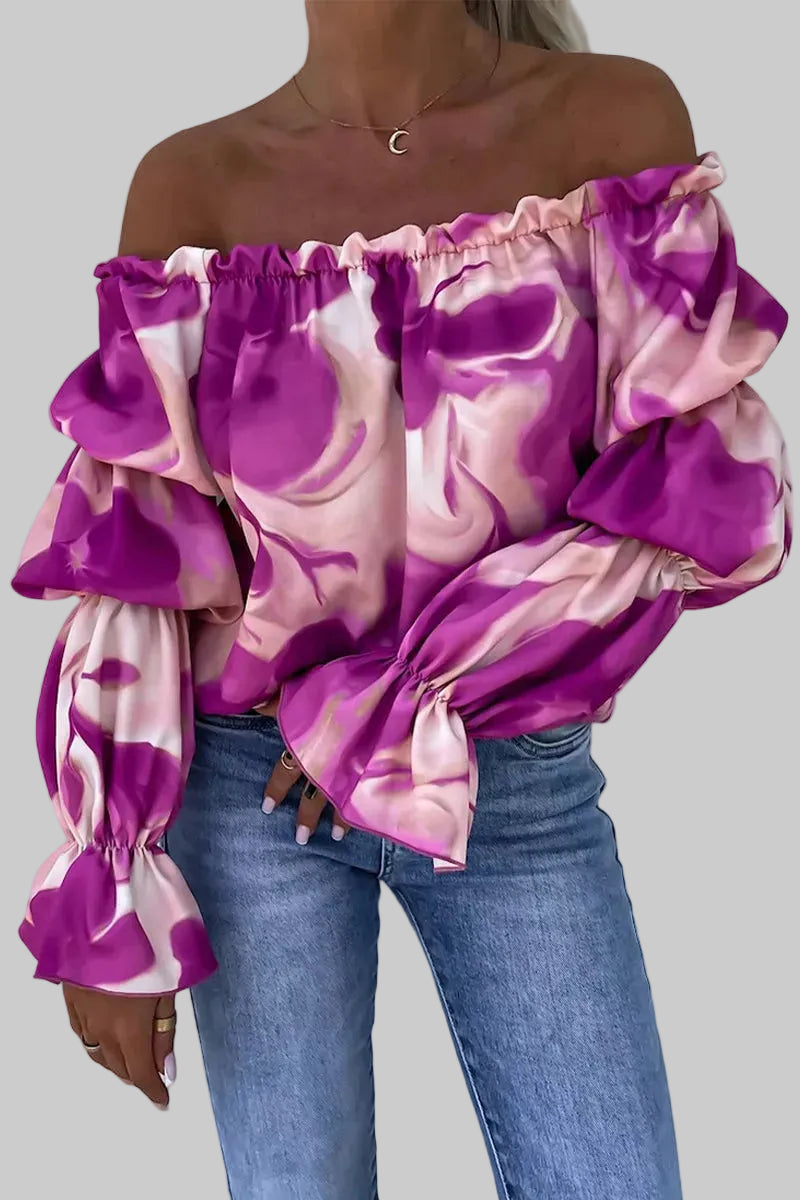 Women’s Off-The-Shoulder Printed Top with Elasticated Sleeves