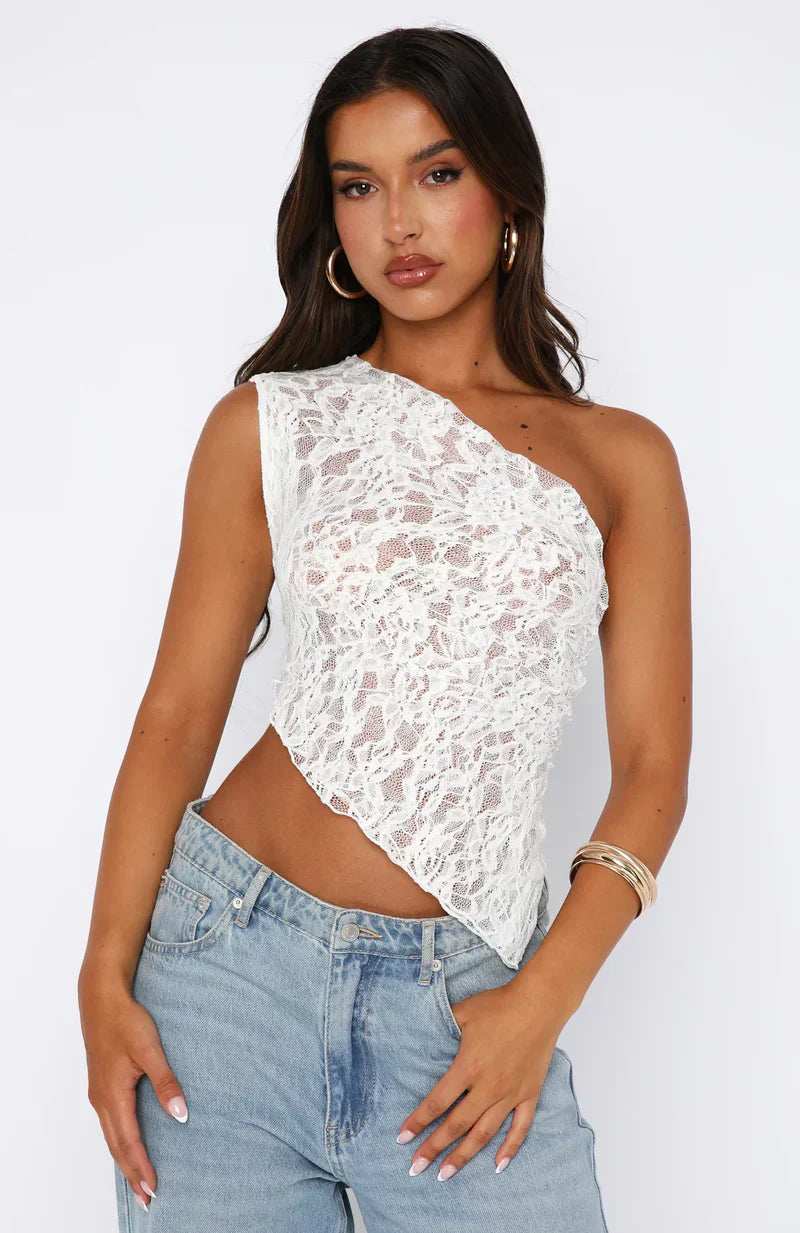 Women’s One Shoulder Lace Top with Open Back Tie