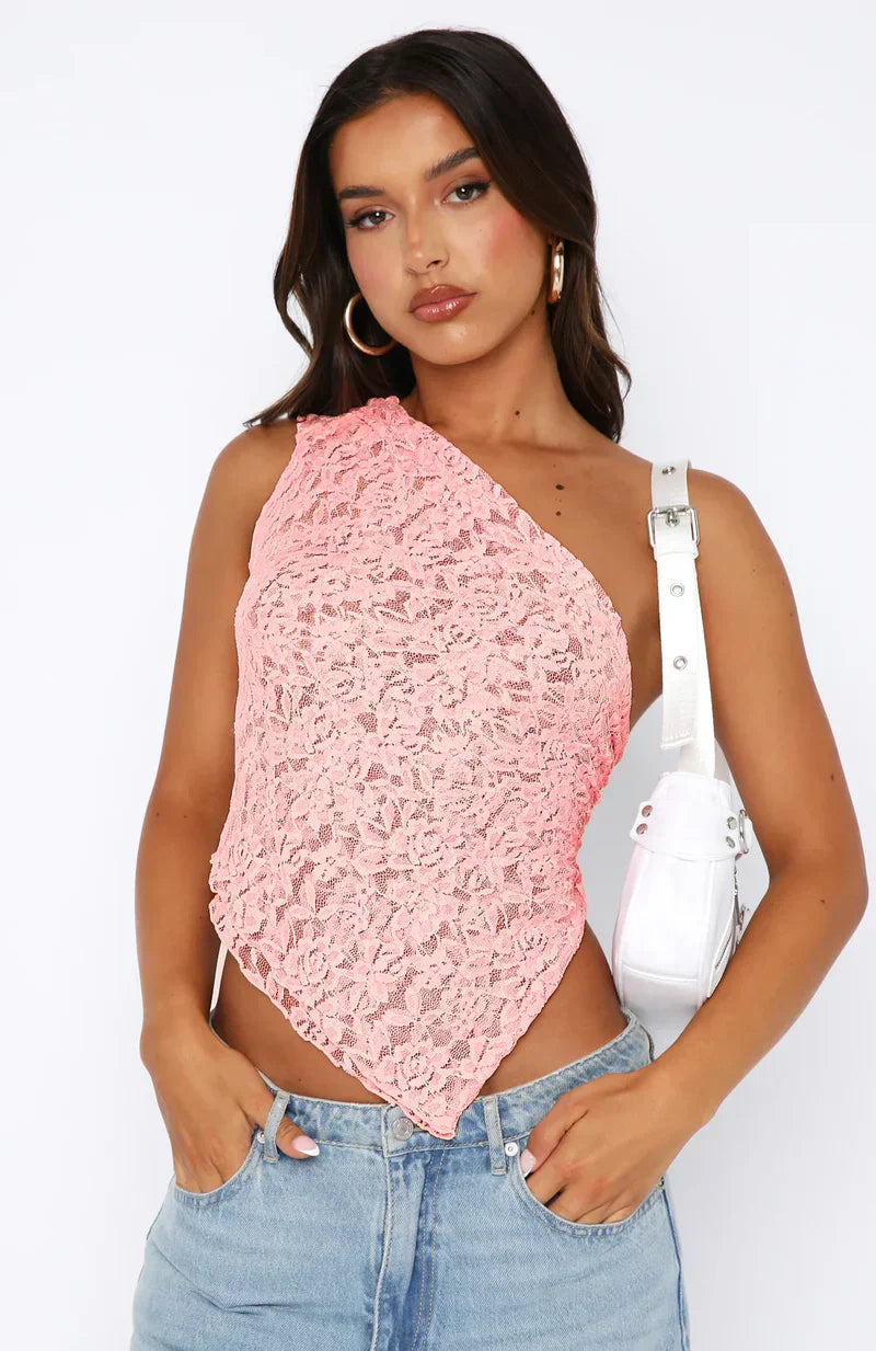 Women’s One Shoulder Lace Top with Open Back Tie