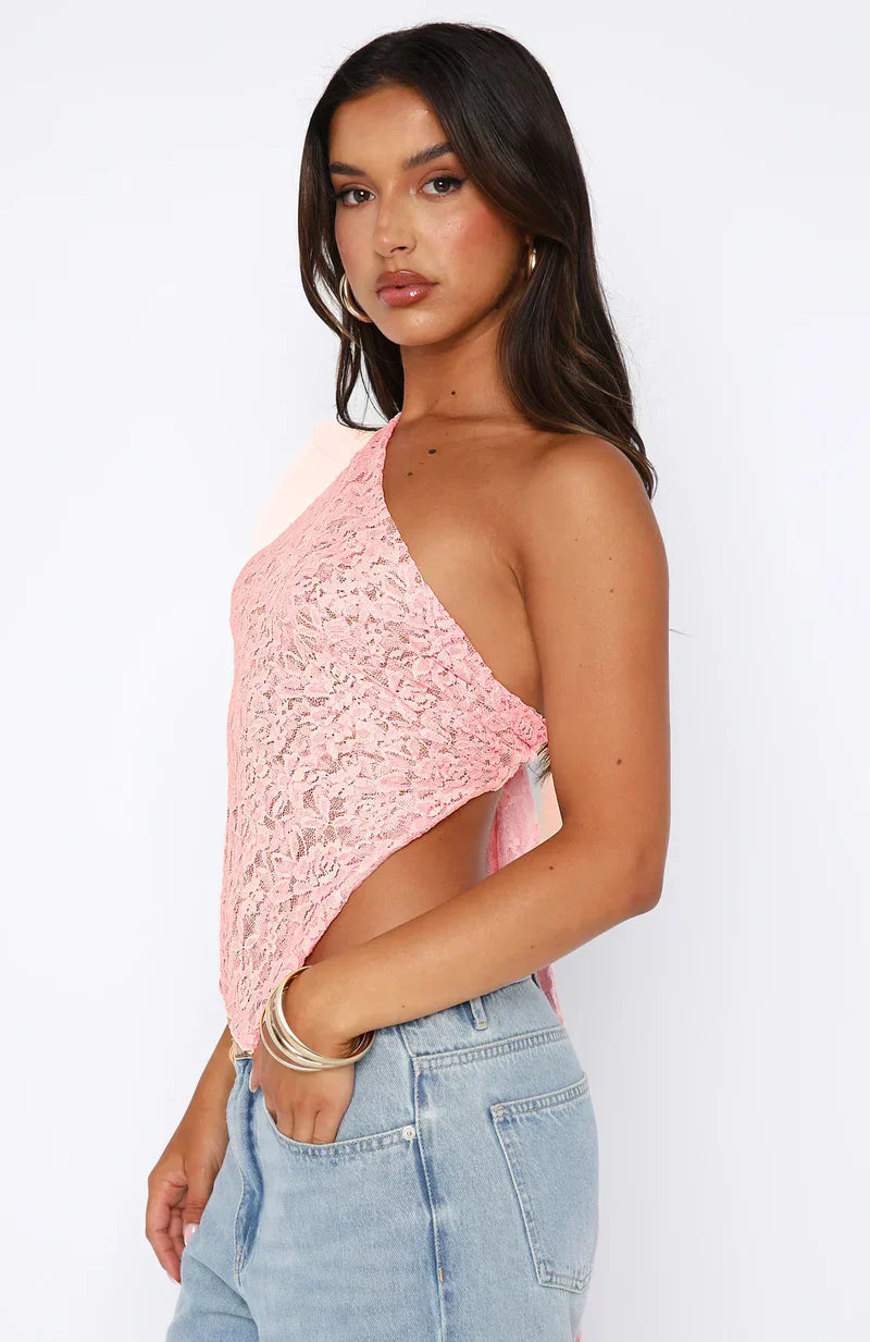 Women’s One Shoulder Lace Top with Open Back Tie