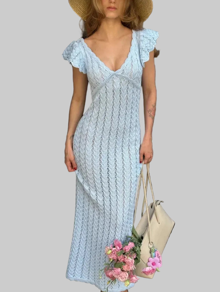 Women’s Open-Knit Flutter-Sleeve Maxi Dress