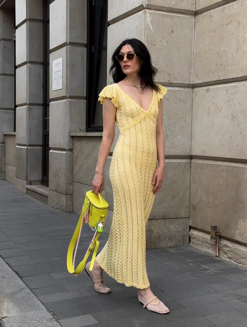 Women’s Open-Knit Flutter-Sleeve Maxi Dress