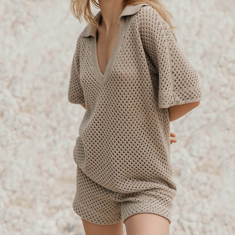 Women’s Open-Knit Polo Shirt and Shorts Set