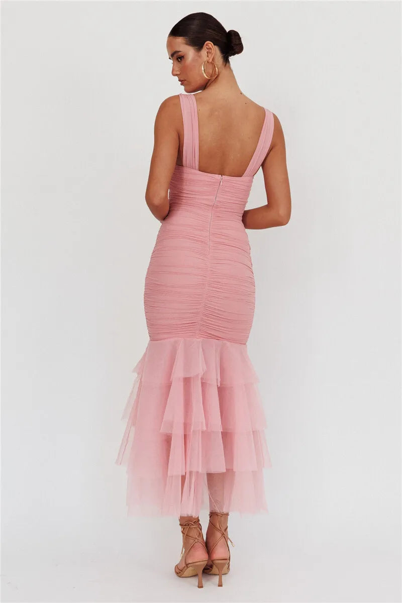 Women’s Pleated Midi Dress with Tulle Bottom