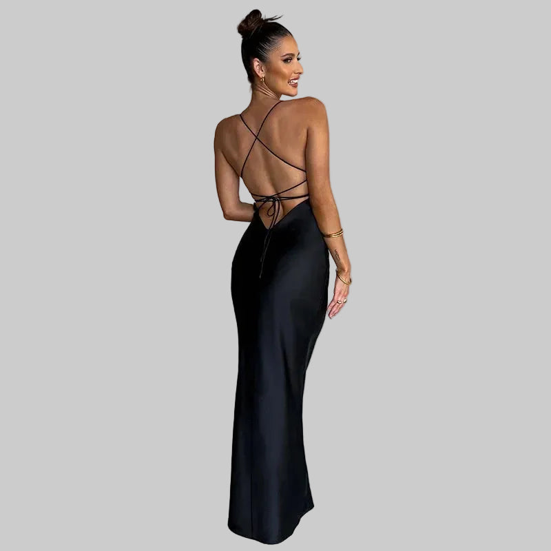 Women’s Satin Crossover Back Maxi Dress