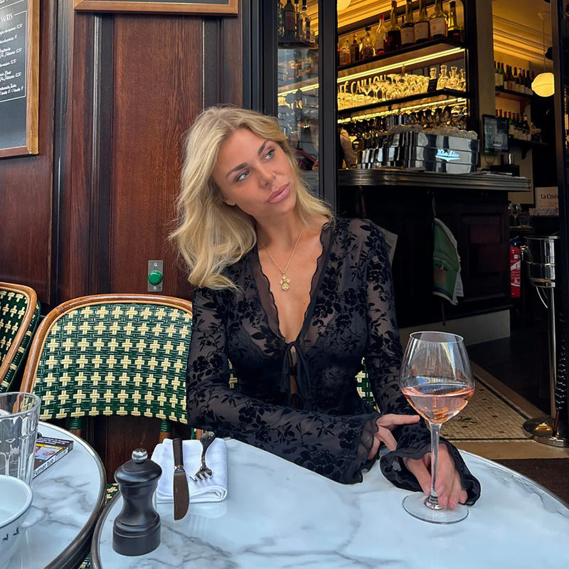 Women’s Sheer Floral Tie-Front Blouse