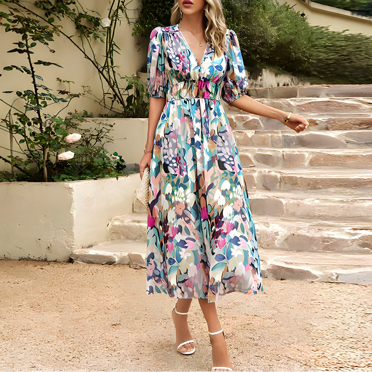 Women’s Short Puff Sleeve Midi Dress with Floral Print