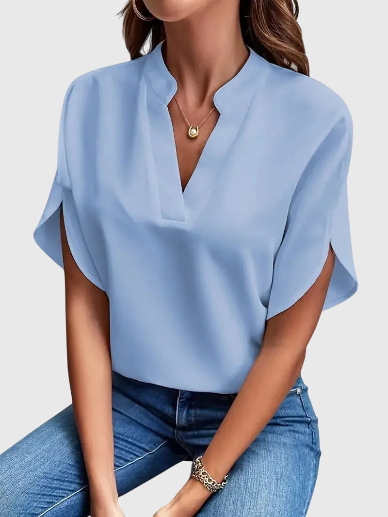 Women’s Short Sleeve Blouse with Split Neckline
