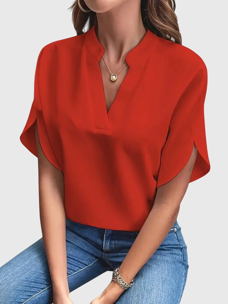 Women’s Short Sleeve Blouse with Split Neckline