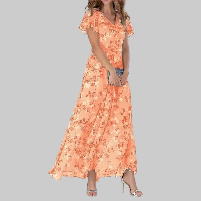 Women’s Short Sleeve Maxi Dress with Floral Print and V-Neckline