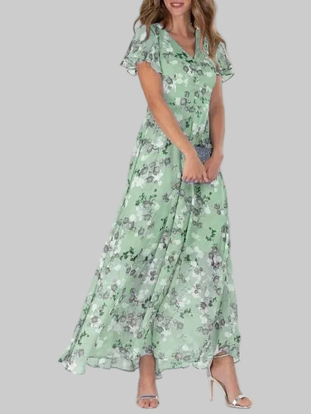 Women’s Short Sleeve Maxi Dress with Floral Print and V-Neckline