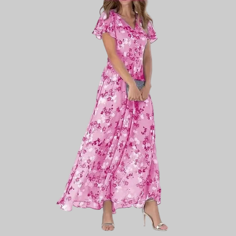 Women’s Short Sleeve Maxi Dress with Floral Print and V-Neckline