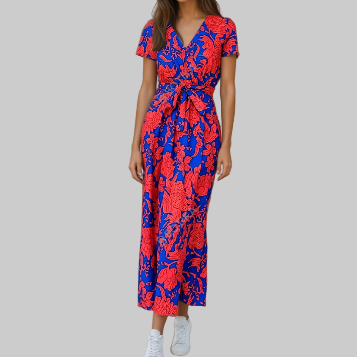 Women’s Short Sleeve Midi Dress with Floral Print and Wrap Front