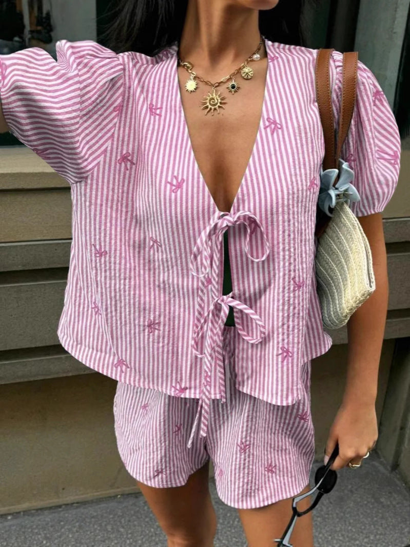 Women’s Striped Bow Print Top and Shorts Set
