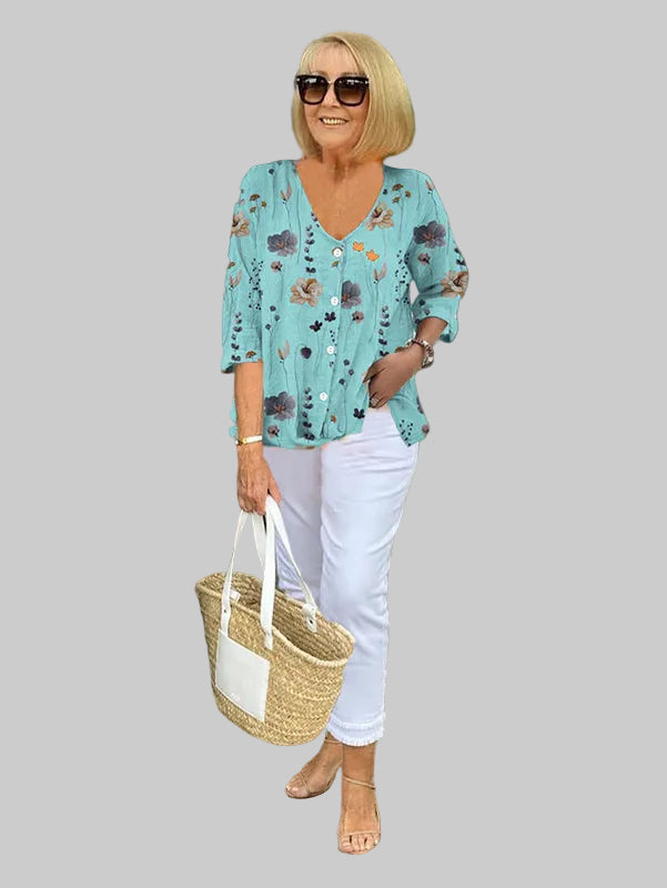 Women’s Three-Quarter Sleeve Blouse with Floral Print