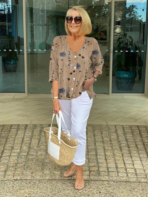 Women’s Three-Quarter Sleeve Blouse with Floral Print