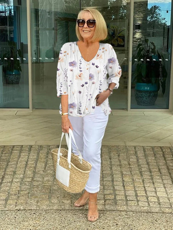 Women’s Three-Quarter Sleeve Blouse with Floral Print