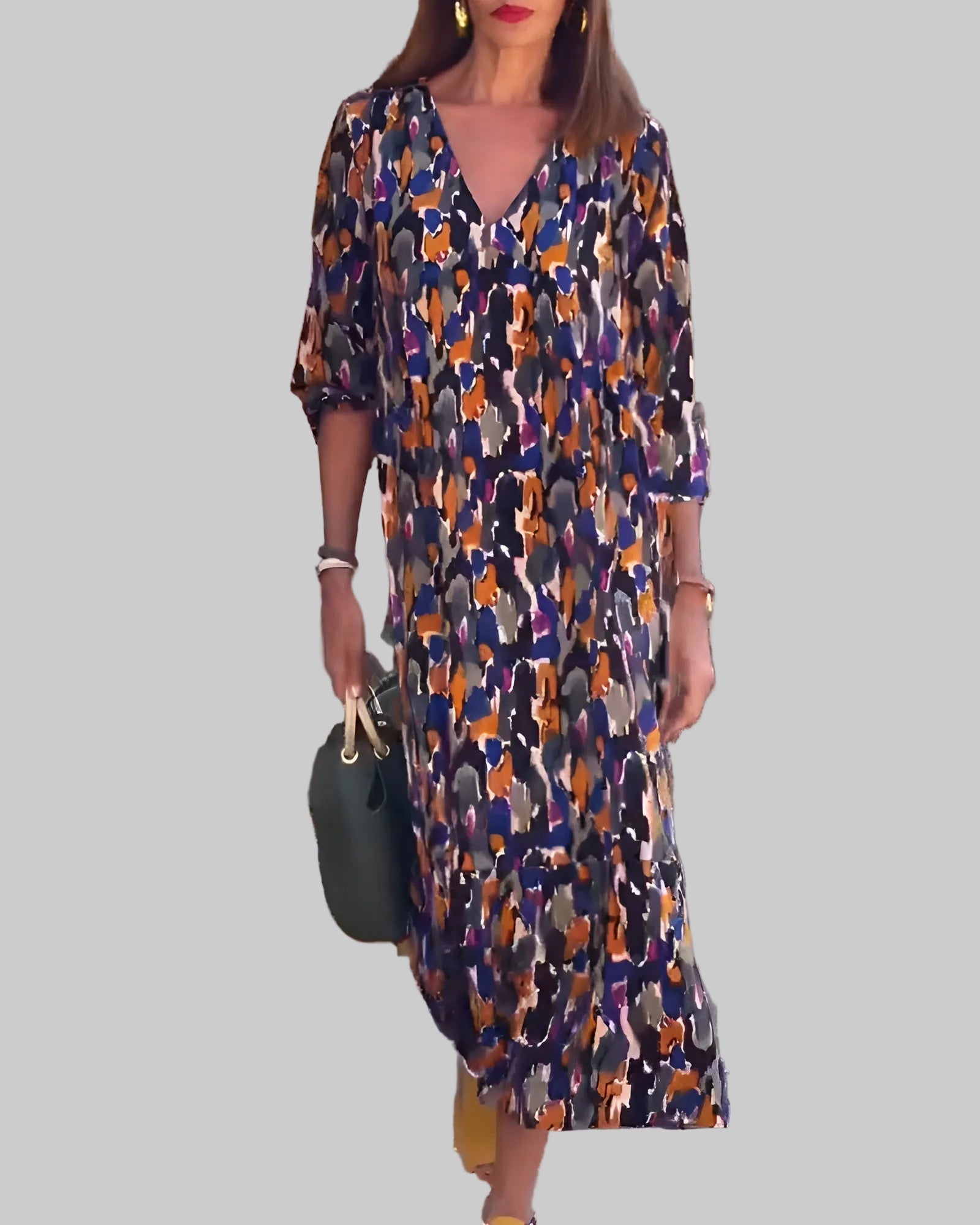 Women’s Three-Quarter Sleeve Midi Dress with Abstract Print