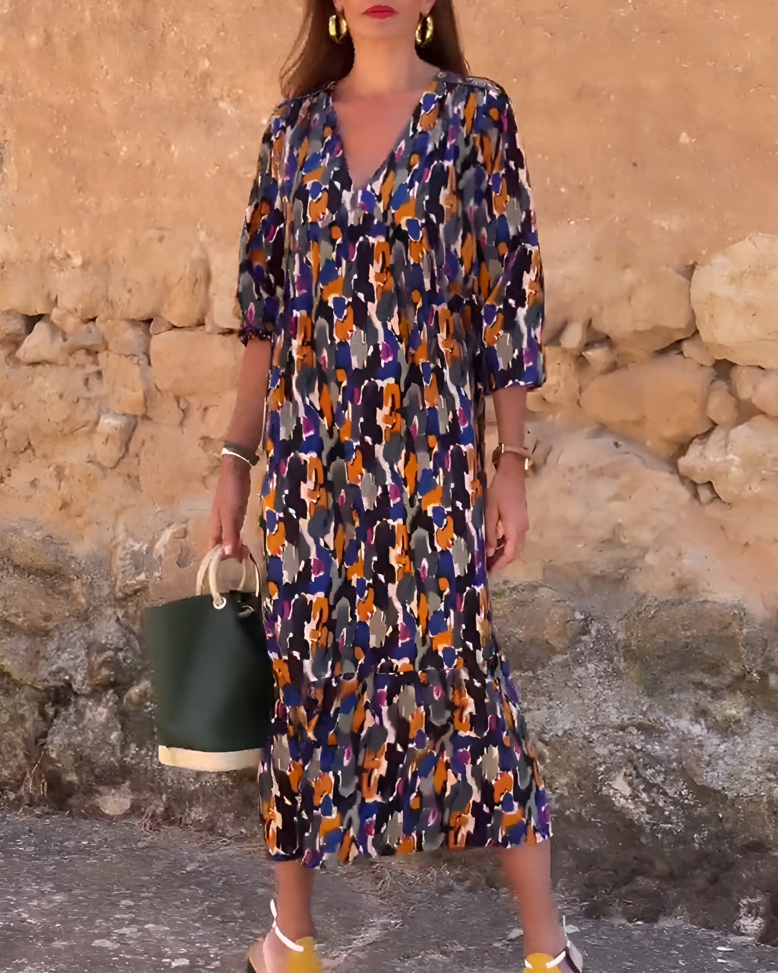 Women’s Three-Quarter Sleeve Midi Dress with Abstract Print