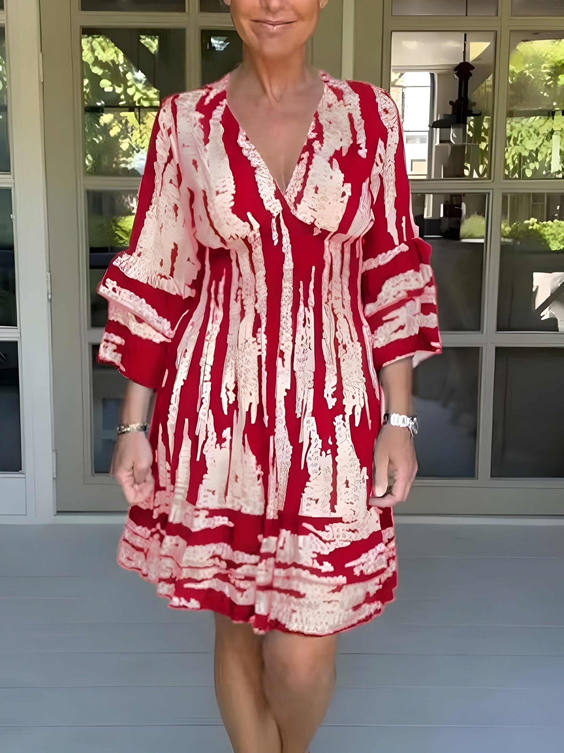Women’s Three-Quarter Sleeve Mini Dress with Abstract Print
