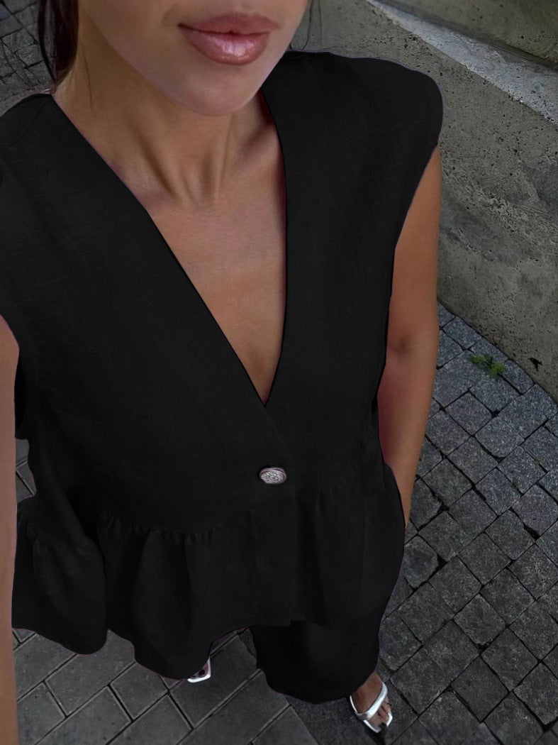 Women’s V-Neck Sleeveless Peplum Top and Trousers Set
