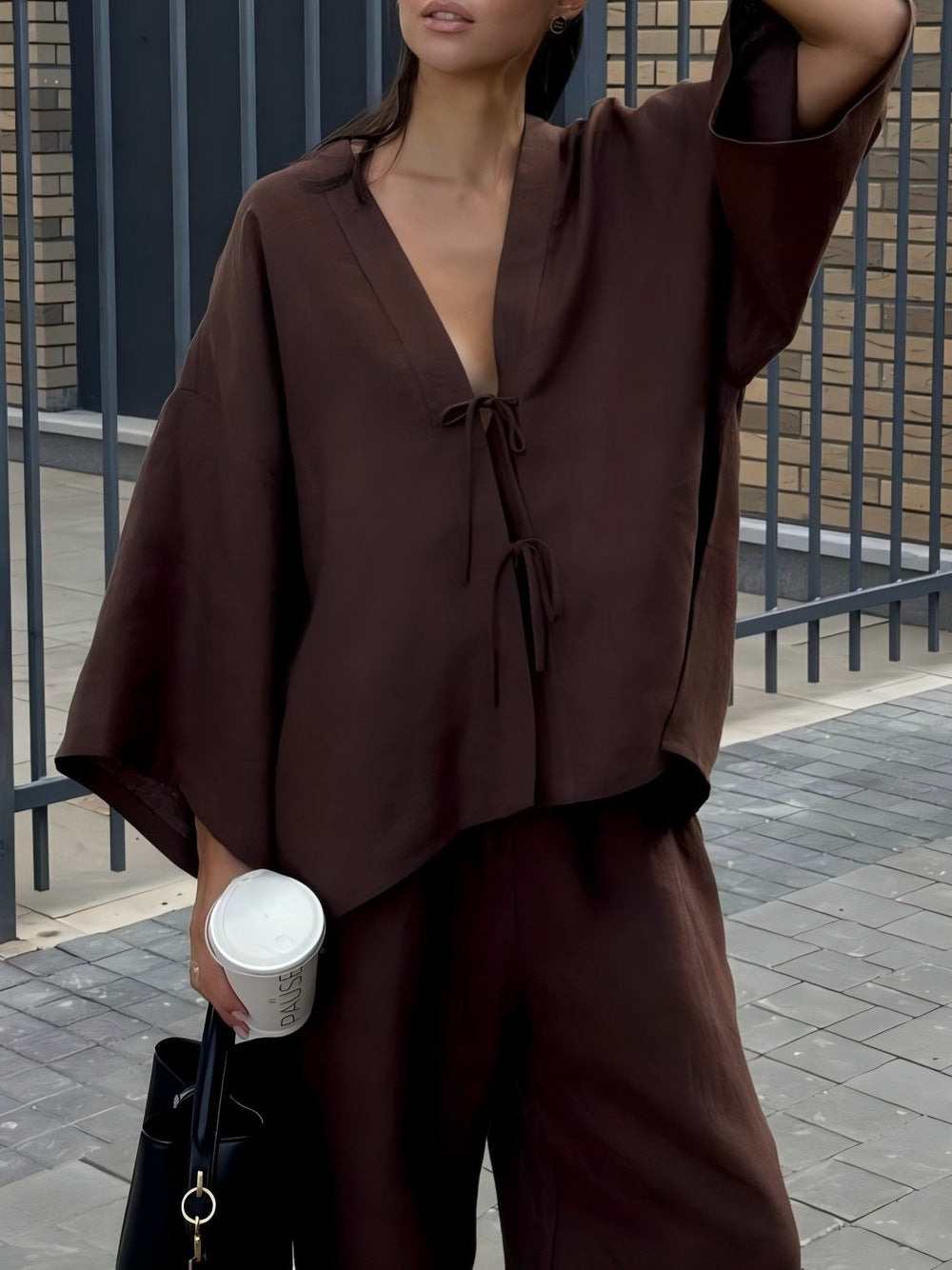 Women’s V-Neck Tie-Front Trousers Set